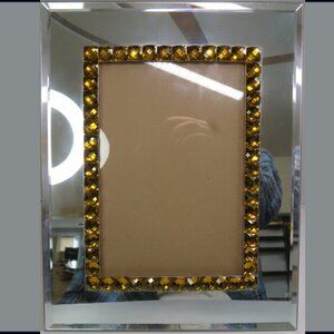 Beveled Mirror Glass Picture Frame with Yellow Rhinestone border High Quality